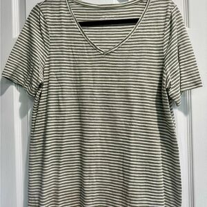 Chico's Olive and White Striped V-Neck Tee